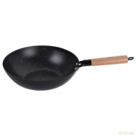 Patelnia wok 30 cm, stal węglowa, powłoka marmurkowa nieprzywierająca, drewniany uchwyt, kinghoff, kh-1983