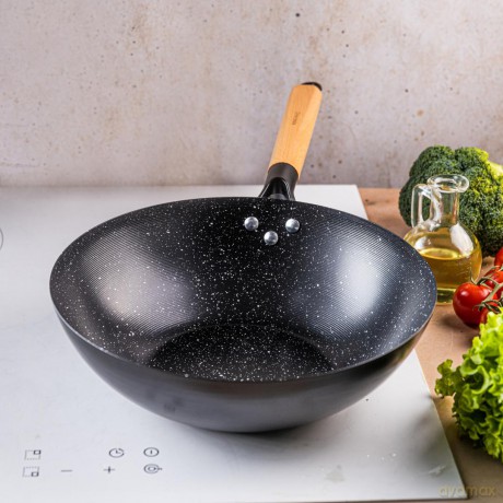 Patelnia wok 30 cm, stal węglowa, powłoka marmurkowa nieprzywierająca, drewniany uchwyt, kinghoff, kh-1983