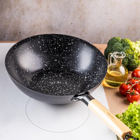Patelnia wok 30 cm, stal węglowa, powłoka marmurkowa nieprzywierająca, drewniany uchwyt, kinghoff, kh-1983