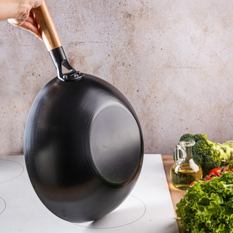 Patelnia wok 30 cm, stal węglowa, powłoka marmurkowa nieprzywierająca, drewniany uchwyt, kinghoff, kh-1983