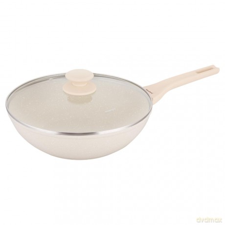 Patelnia wok marmurowa 28 cm kremowa z pokrywką, klausberg kb-7991