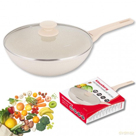 Patelnia wok marmurowa 28 cm kremowa z pokrywką, klausberg kb-7991
