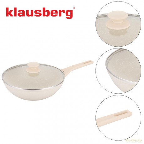 Patelnia wok marmurowa 28 cm kremowa z pokrywką, klausberg kb-7991