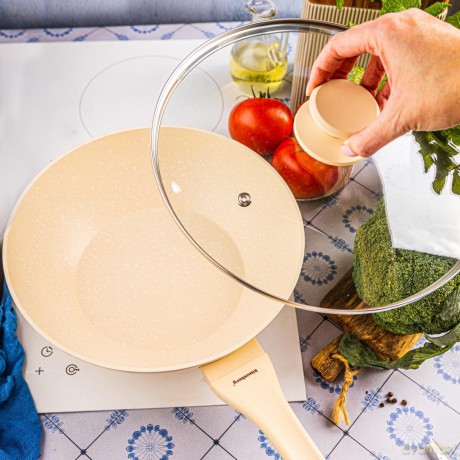 Patelnia wok marmurowa 28 cm kremowa z pokrywką, klausberg kb-7991