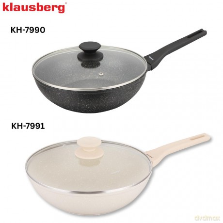 Patelnia wok marmurowa 28 cm kremowa z pokrywką, klausberg kb-7991