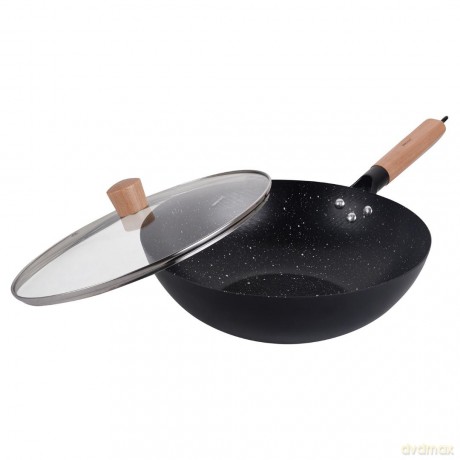 Wok z pokrywką 30 cm, stal węglowa, marmurkowa powłoka nieprzywierająca, drewniany uchwyt, kinghoff, kh-1984