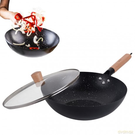 Wok z pokrywką 30 cm, stal węglowa, marmurkowa powłoka nieprzywierająca, drewniany uchwyt, kinghoff, kh-1984