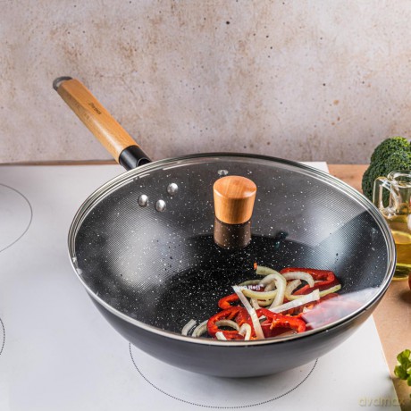 Wok z pokrywką 30 cm, stal węglowa, marmurkowa powłoka nieprzywierająca, drewniany uchwyt, kinghoff, kh-1984