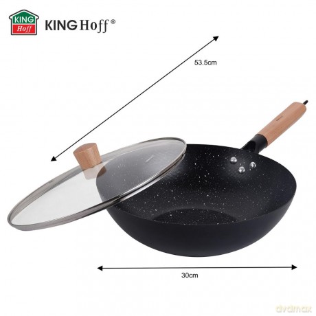 Wok z pokrywką 30 cm, stal węglowa, marmurkowa powłoka nieprzywierająca, drewniany uchwyt, kinghoff, kh-1984