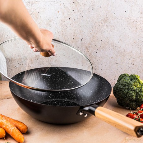 Wok z pokrywką 30 cm, stal węglowa, marmurkowa powłoka nieprzywierająca, drewniany uchwyt, kinghoff, kh-1984