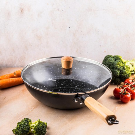Wok z pokrywką 30 cm, stal węglowa, marmurkowa powłoka nieprzywierająca, drewniany uchwyt, kinghoff, kh-1984