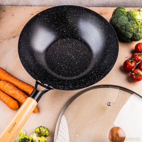 Wok z pokrywką 30 cm, stal węglowa, marmurkowa powłoka nieprzywierająca, drewniany uchwyt, kinghoff, kh-1984