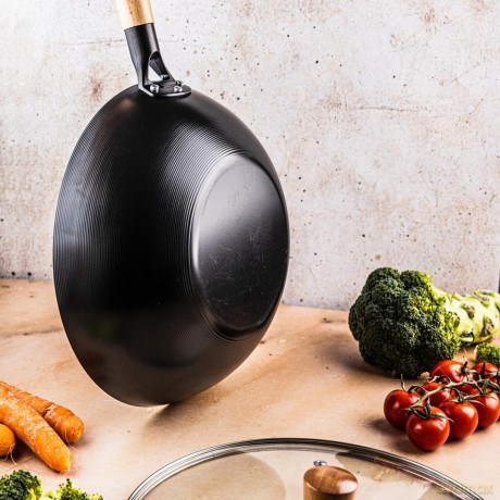 Wok z pokrywką 30 cm, stal węglowa, marmurkowa powłoka nieprzywierająca, drewniany uchwyt, kinghoff, kh-1984