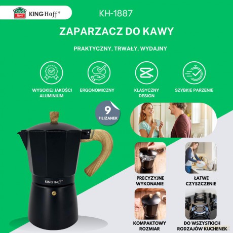 Zaparzacz do kawy espresso, aluminium, 9 filiżanek, czarny/drewnopodobny, kinghoff, kh-1887