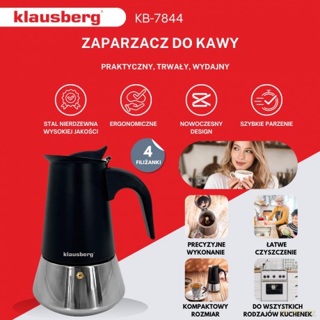 Zaparzacz do kawy espresso, stal nierdzewna, 4 filiżanki, czarny/srebrny, klausberg, kb-7844
