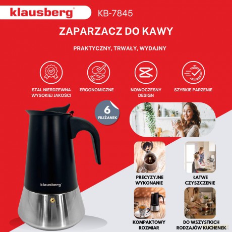 Zaparzacz do kawy espresso, stal nierdzewna, 6 filiżanek, czarny/srebrny, klausberg, kb-7845