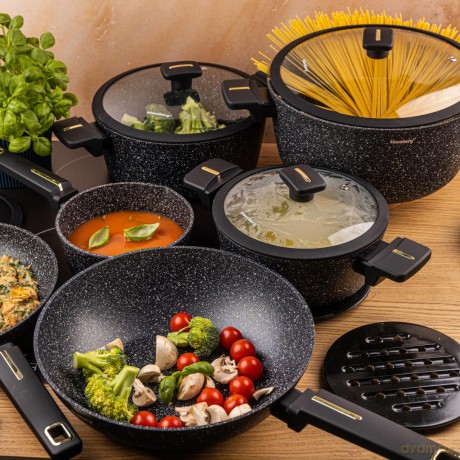 Zestaw garnków 12-elementowy z patelnią wok, aluminium odlewane, marmurowa powłoka nieprzywierająca, czarny, klausberg, kb-7968