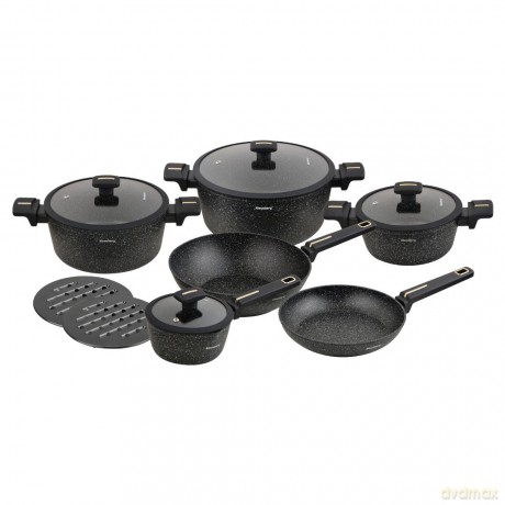 Zestaw garnków 12-elementowy z patelnią wok, aluminium odlewane, marmurowa powłoka nieprzywierająca, czarny, klausberg, kb-7968