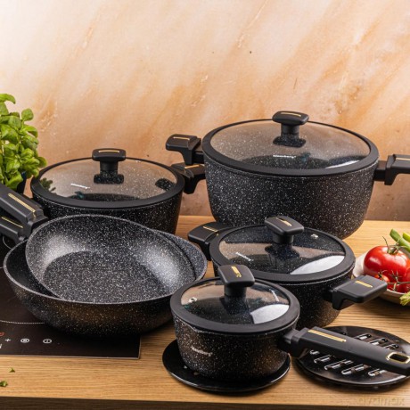 Zestaw garnków 12-elementowy z patelnią wok, aluminium odlewane, marmurowa powłoka nieprzywierająca, czarny, klausberg, kb-7968