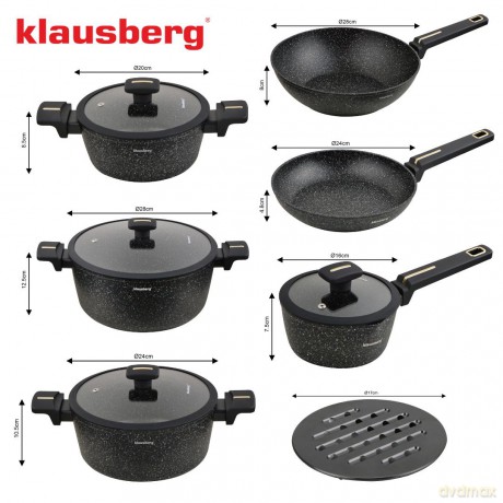 Zestaw garnków 12-elementowy z patelnią wok, aluminium odlewane, marmurowa powłoka nieprzywierająca, czarny, klausberg, kb-7968