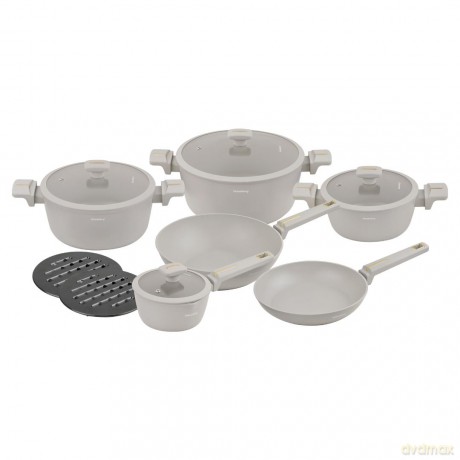 Zestaw garnków 12-elementowy z patelnią wok, aluminium odlewane, powłoka nieprzywierająca, beżowy, klausberg, kb-7969