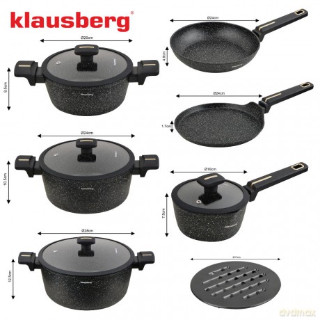 Zestaw garnków 12-elementowy, aluminium odlewane, marmurowa powłoka nieprzywierająca, indukcja, czarny, klausberg, kb-7966