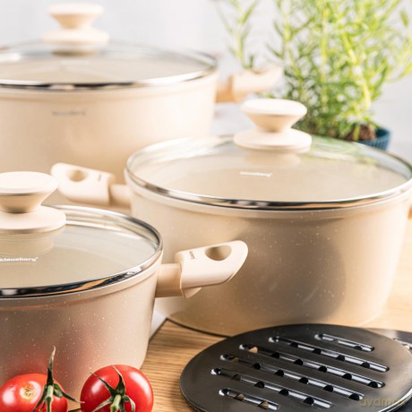Zestaw garnków, 12 elementów, aluminium z powłoką markurkową, kremowe, klausberg, kb-7884