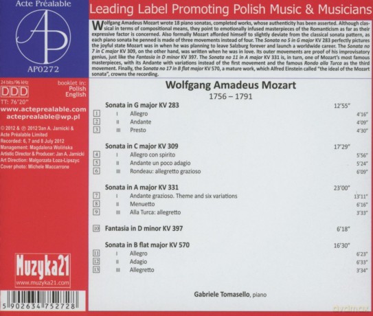 Tomasello Gabriele: Wolfgang Amadeus Mozart: Piano Works Vol. 1 [CD]