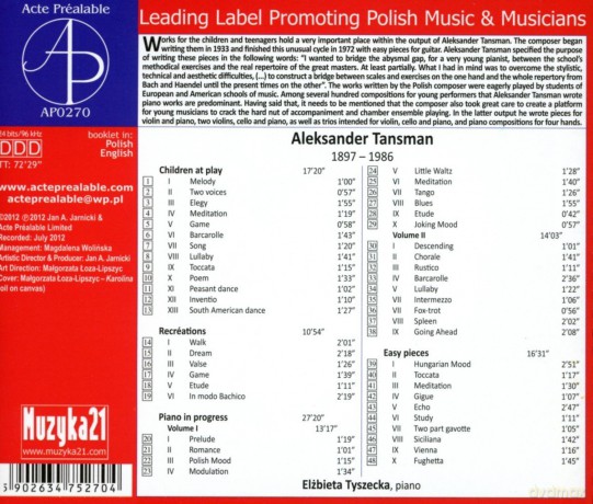 Tyszecka Elżbieta: Aleksander Tansman: Children At Play - Recreations - Piano In Progress - Easy Pieces [CD]
