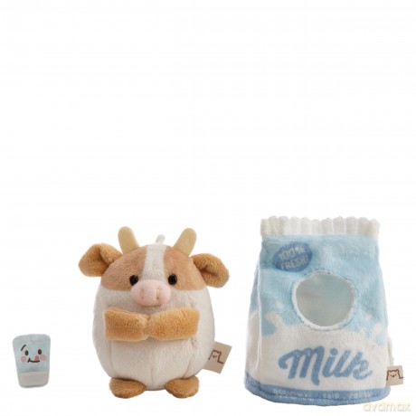 NICI Zestaw pluszak krowa Moono 8 cm ze szklanką mleka i strojem kartonu mleka, w pudełku prezentowym 8,5 × 6,5 × 10 cm