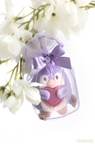 NICI Zestaw pluszak pingwin Waddle fioletowy 8 cm z kieszonką w kształcie serca i strojem z organzy, w pudełku prezentowym