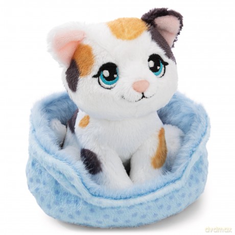 NICI Pluszak kot calico trójkolorowy 12 cm siedzący w niebieskim koszyku