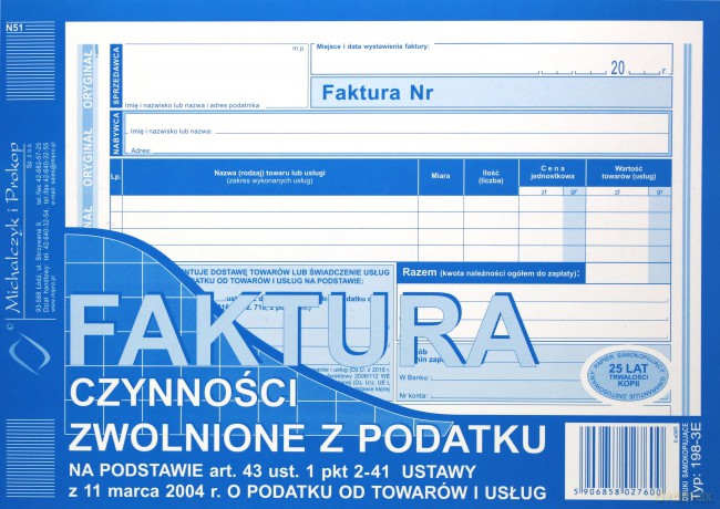 Faktura czynności - Zwolnienie z podatku A5