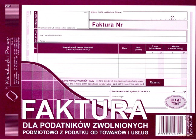 Faktura dla podatników zwolnionych podmiotowo z podatku od towarów i usług