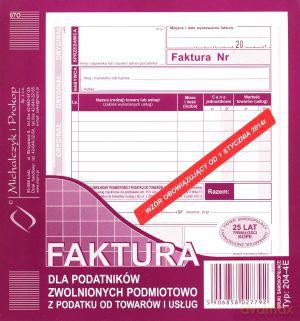 Faktura dla podatników zwolnionych podmiotowo z podatku od towarów i usług 2/3 A5 204-4E