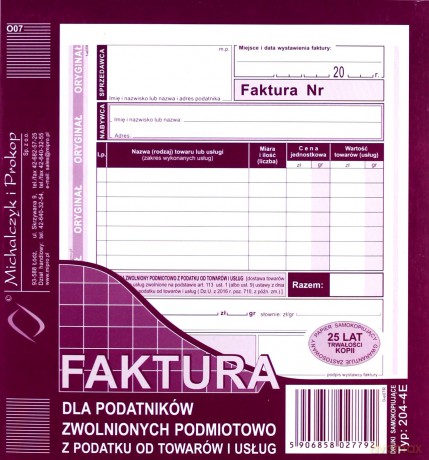 Faktura dla podatników zwolnionych podmiotowo z podatku od towarów i usług 2/3 A5 204-4E