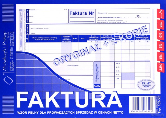 Faktura VAT A5 103-XE Pełna oryginał + 2 kopie