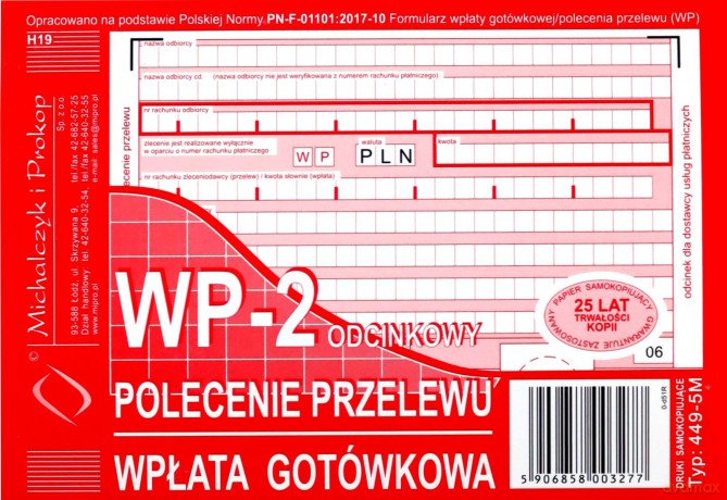 Polecenie przelewu - Wpłata gotówkowa A6