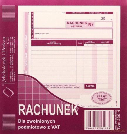 Rachunek 2/3 A5 dla zwolnionych z VAT 230-4