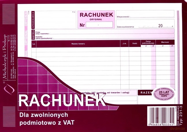 Rachunek dla zwolnionych podmiotowo z VAT A5