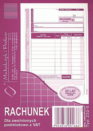 Rachunek dla zwolnionych podmiotowo z VAT A6 /w pionie/