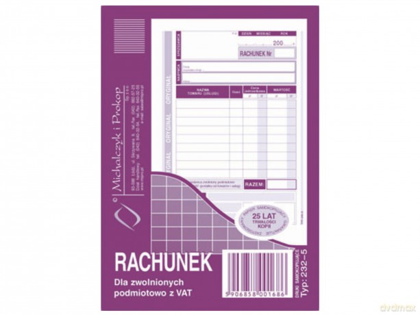 Rachunek dla zwolnionych podmiotowo z VAT A6