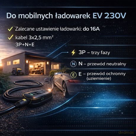 Adapter siłowy do ładowarek EV | gniazdo CEE 16A 5P | Przejściówka 400V na SCHUKO 230V | max 16A | 3.5kW