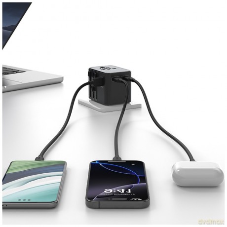 Ładowarka travel adapter 17W CC308 USB-C + USB-A 4w1 US/AU/EU/UK czarna