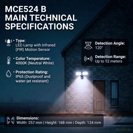 Ścienna lampa LED, czujnik PIR MCE524B 20W, 1500lm, IP65. neutral white 4000K, czarna