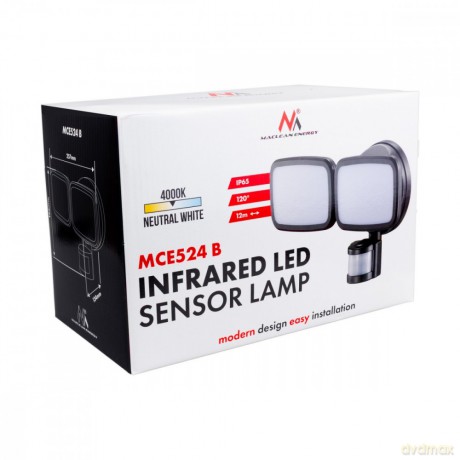 Ścienna lampa LED, czujnik PIR MCE524B 20W, 1500lm, IP65. neutral white 4000K, czarna