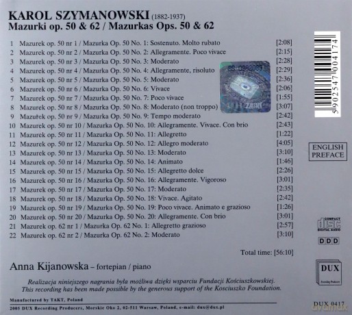 Anna Kijanowska: Szymanowski Mazurkas Op 50 Und 62 Anna K [CD]