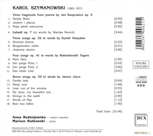 Anna Radziejewska: Szymanowski Songs Op 5 - 7 - 32 - 41 - 5 [CD]