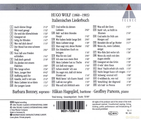 Bonney/ Hagegard/ Parsons: Wolf: Italienisches Liederbuch [CD]