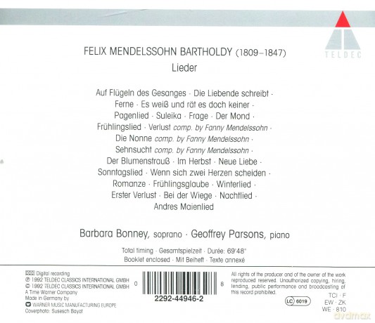 Bonney/Parsons: F. Mendelssohn.: Lieder [CD]